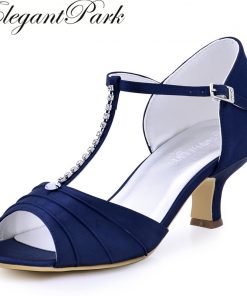 Shoes Woman Low Heel T-Strap Bridal Wedding sandals summer Satin Ladies Evening Party Pumps Navy Blue Green Teal Red EL-035