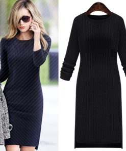 Fall knit plus size women dresses new Europe and America asymmetric round neck long sleeve bandage dress Woman 2016