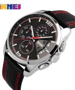SKMEI Fashion Sport Mens Watches Top Brand Luxury Leather Strap 5Bar Waterproof Quartz Wristwatches Relogio Masculino 9106