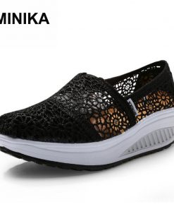 Women casual shoes 2017 spring summer breathable lace canvas shoes women platform slip-on solid wedges shoes