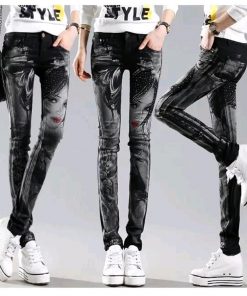 Black Long jeans woman Casual Pencil pants Girl Washed rhinestones Hot drilling printing Skinny Long women Jeans Capris Female