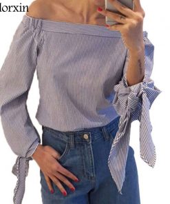 Women Blouse Elegant Bow Blue Off Shoulder Female Blouse Shirt Sexy Summer 2019 Girls White blouse Women Tops Striped Blusas 3XL