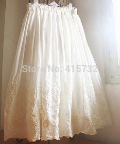 Free Shipping 2019 New 100% Cotton Embroidery Flower Crochet Ivory White Women Skirt Summer Long mid-calf Elastic Waist Skirts