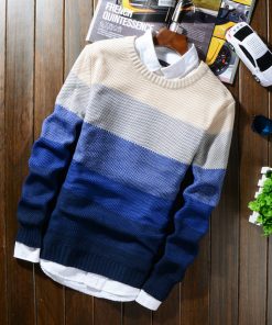 2018 Autumn Winter Wool Striped Sweater Mens Brand Casual Blue Male Sweater O-Neck Slim Fit Knitting Men Sweaters Pullovers 50