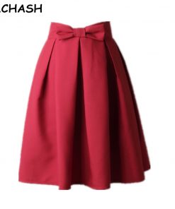 BACHASH Elegant Women Skirt High Waist Pleated Knee Length Skirt Vintage A Line Big Bow Red Black Side Zipper Skater Skirts Red