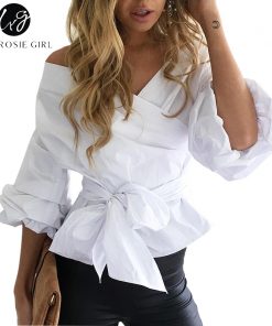 Sexy Off Shoulder Blue Striped Ruffled Women Blouses Tops Elegant Bow Ruched Sleeves White Shirts Feminino Autumn Casual Blusas