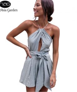 NewAsia Sexy Bodysuit Summer Jumpsuit Bow Tie Waist Belt Backless Halter Women's Playsuit Beach Rompers Womens Jumpsuit Short