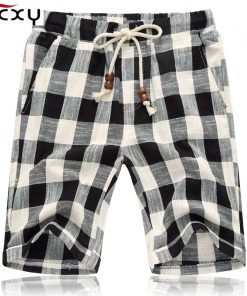 HCXY 2019 Summer Men's shorts Men Shorts Linen Cotton Elastic waist Mens Casual Shorts Male Striped Plaid Knee length